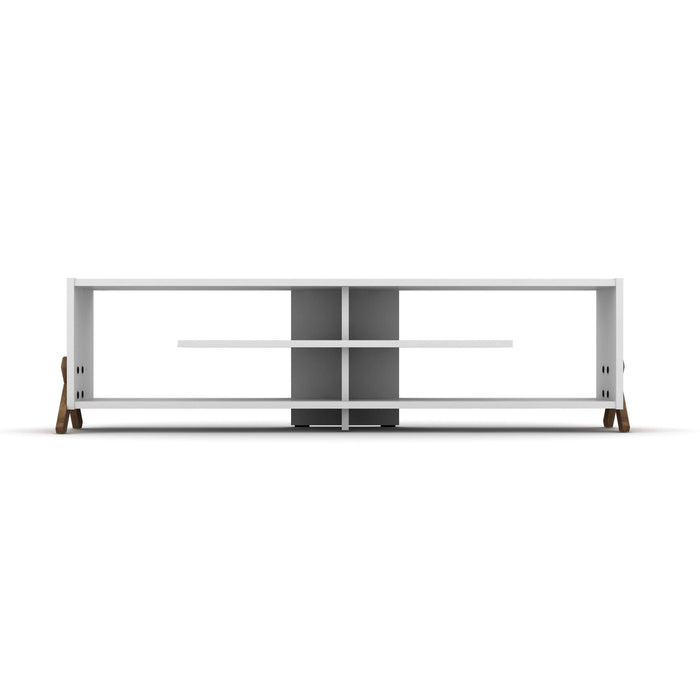 Mid CenturyModern Tv Stand 4 Shelves OpenStorage Wood Legs Entertainment Centre 57 inch Low Tv Unit, Walnut/White