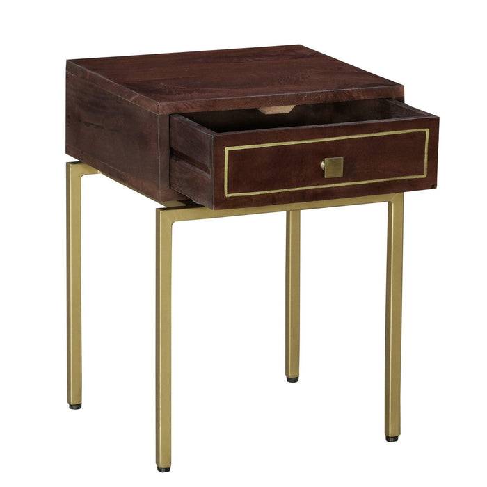 Ellis 16 Inch Side Table with 1 Drawer and Brass Metal Legs, Brown, Matte Gold