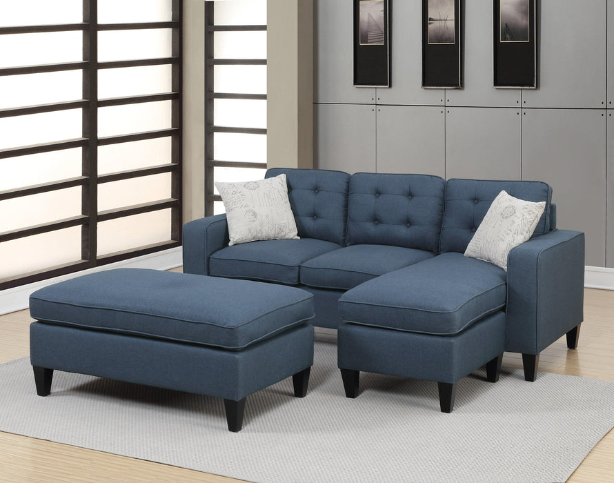 Reversible 3pc Sectional Sofa Set Navy Tufted Polyfiber Wood Legs Chaise Sofa Ottoman Pillows Cushion Couch