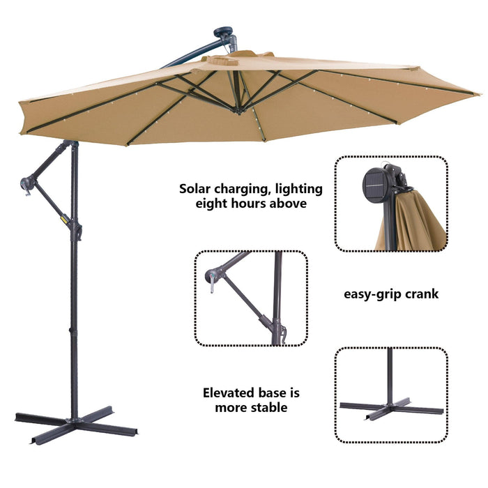 10 FT Solar LED Patio Outdoor Umbrella Hanging Cantilever Umbrella Offset Umbrella Easy Open Adustment with 32 LED Lights -taupe