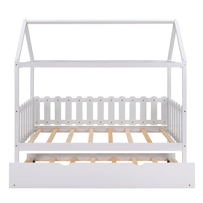Twin Size House Bed with trundle, Fence-shaped Guardrail, White(New)