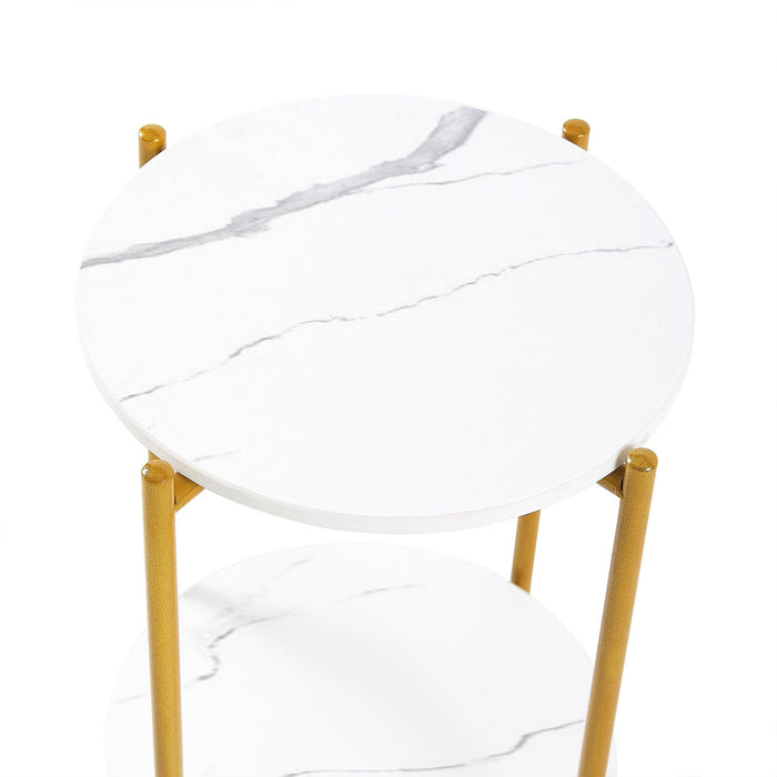 2-layer End Table with Whole  Marble Tabletop, Round Coffee Table with Golden Metal Frame for Bedroom Living Room Office (White,1 piece)
