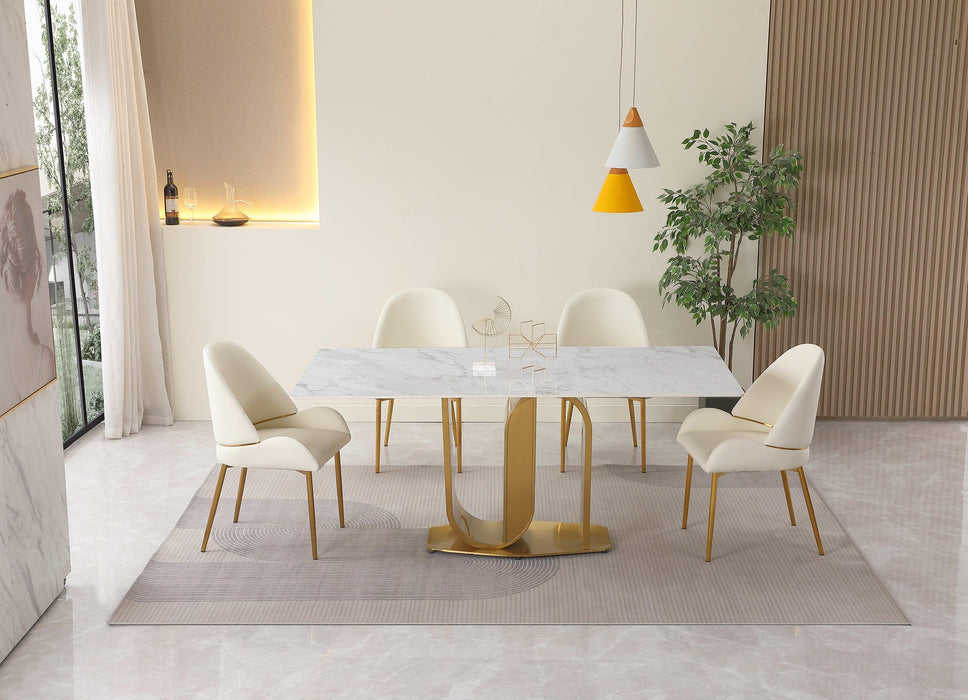 71" Contemporary Dining Table in Gold with Sintered Stone Top and  U shape Pedestal Base in Gold finish with 6 pcs Chairs .