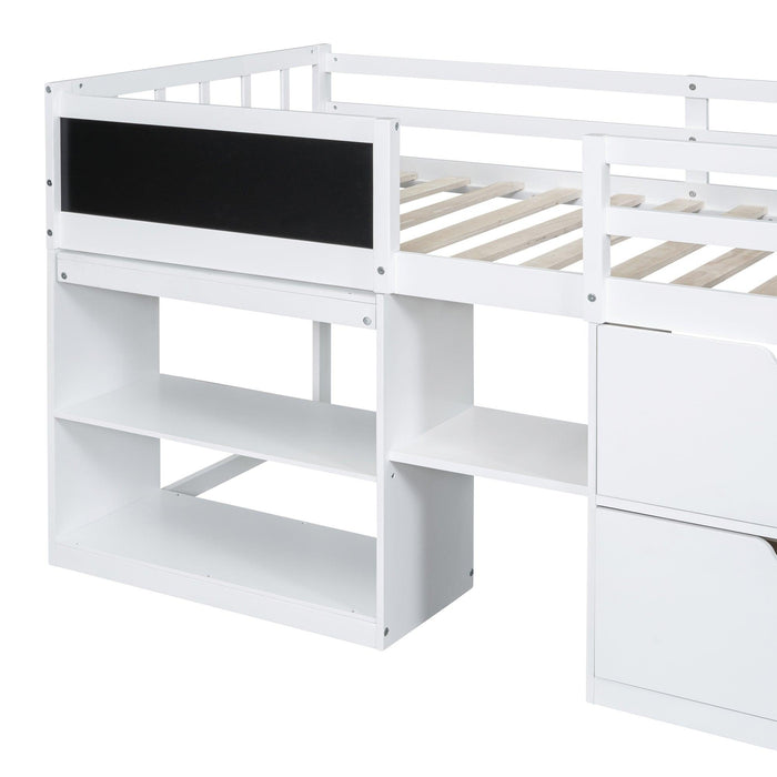 Twin Size Low Loft Bed with Rolling Desk, Shelf and Drawers - White
