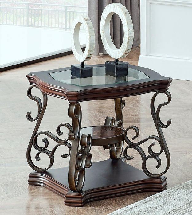 End table,  Glass table top, MDF W/marble paper middle shelf, powder coat finish metal legs. (26.3"Lx26.3"Wx24"H)