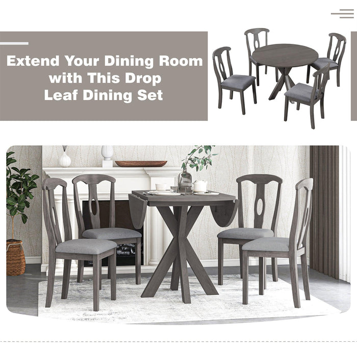Rustic Farmhouse 5-Piece Wood Round Dining Table Set for 4, Kitchen Furniture with Drop Leaf and 4 Padded Dining Chairs for Small Places, Grey