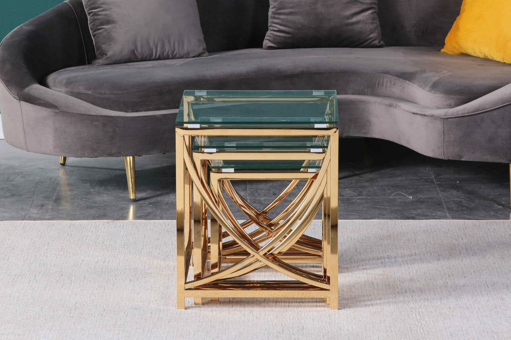 3 Pieces ld Square Nesting Glass End Tables- Small Coffee Table Set- Stainless Steel Small Coffee Tables with Clear Tempered Glass- 18"Modern Minimalist Side Table for Living Room (Curve)