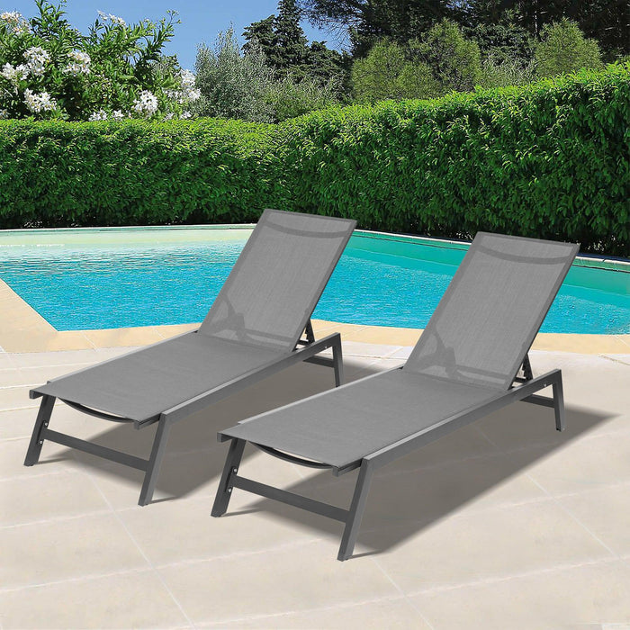 2 PCS Outdoor Chaise Lounge Adjustable Aluminum Recliner Chair - Gray