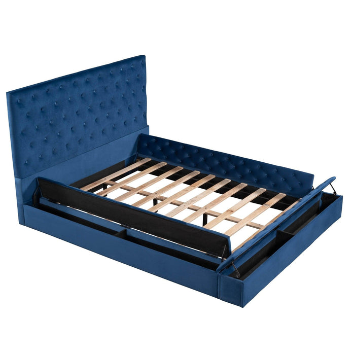 Queen Size Upholstery Low ProfileStorage Platform Bed withStorage Space on both Sides and Footboard,Blue