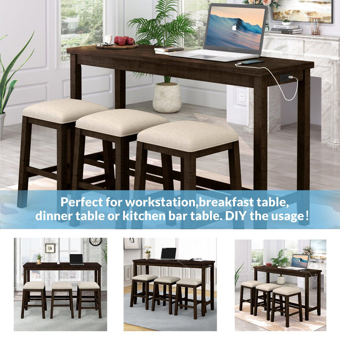 4 Pieces Counter Height Table with Fabric Padded Stools, Rustic Bar Dining Set with Socket, Brown