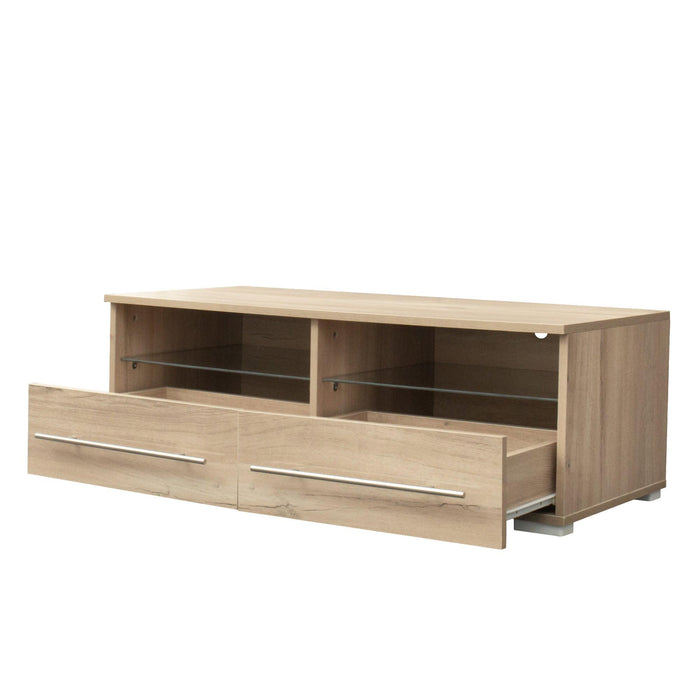 The  TV cabinet has two drawers with color-changing light strips, Rustic Oak