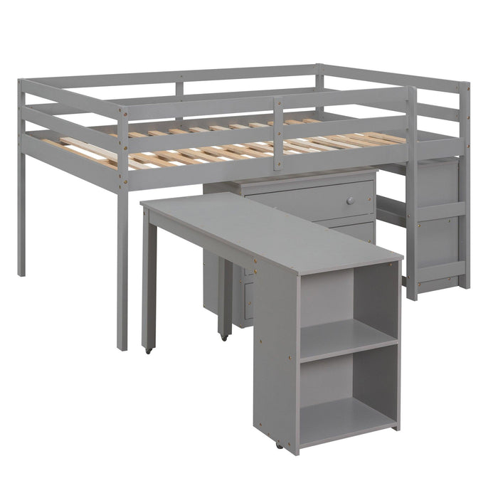 Low Study Full Loft Bed with Cabinet ,Shelves and Rolling Portable Desk ,Multiple Functions Bed- Gray