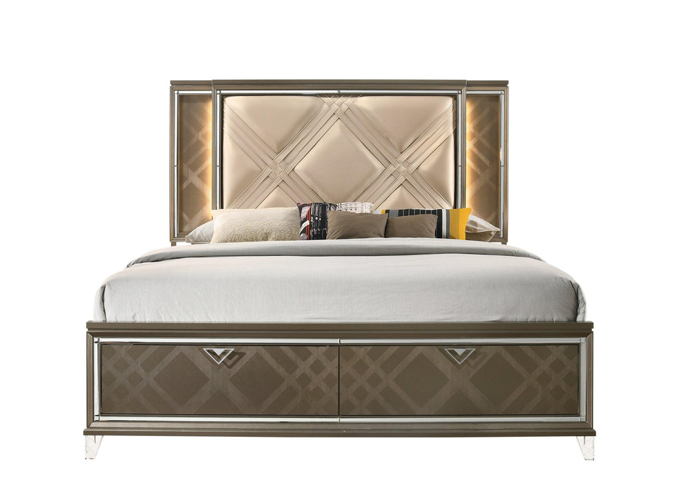 ACME Skylar Queen Bed w/Storage, LED, PU & Dark Champagne 25320Q