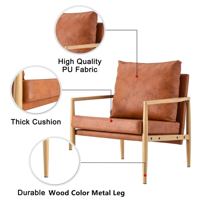 PU Leather Accent Arm Chair Mid CenturyModern Upholstered Armchair with Imitation solid wood color Metal Frame Extra-Thick Padded Backrest and Seat Cushion Sofa Chairs for Living Room