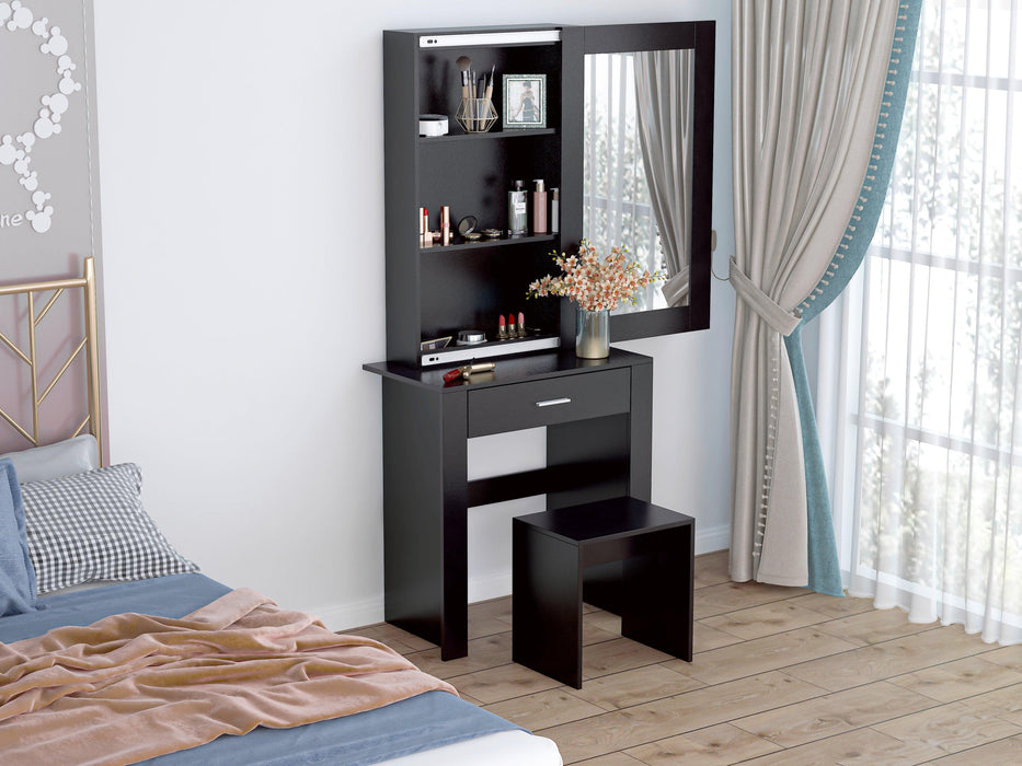 Vanity Desk with Mirror & Stool, Black Makeup Table withStorage Shelves & Drawer, Vanity Set for Girls Women