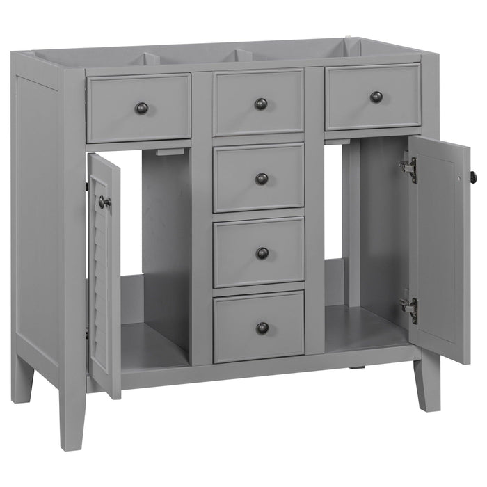 36" Bathroom Vanity without Sink, Cabinet Base Only, Two Cabinets and Five Drawers, Solid Wood Frame, Grey