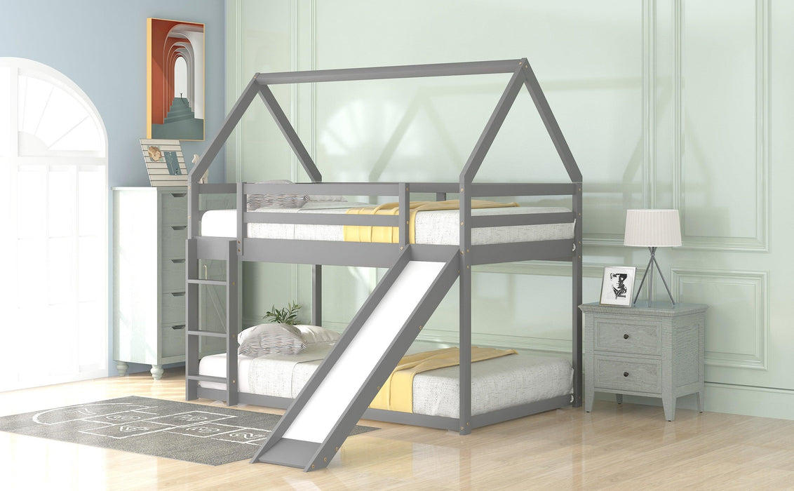 Twin Size Bunk House Bed with Slide and Ladder,Gray