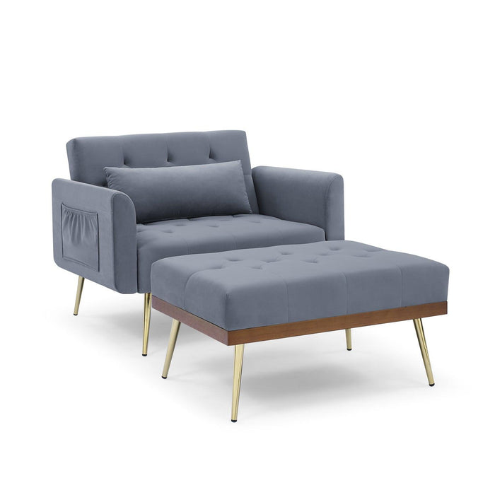 Recline Sofa Chair with Ottoman, Two Arm Pocket and Wood Frame include 1 Pillow, Grey (40.5”x33”x32”)