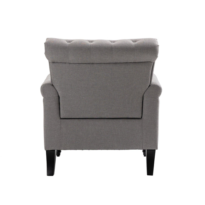 Mid-CenturyModern Accent Chair, Linen Armchair w/Tufted Back/Wood Legs, Upholstered Lounge Arm Chair Single Sofa for Living Room Bedroom, Light grey
