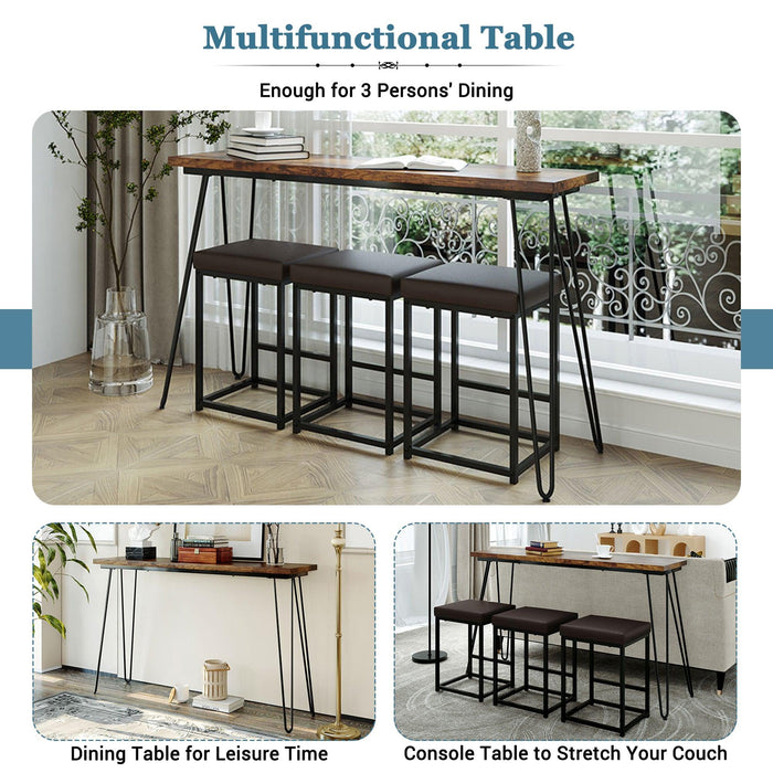 Updated 4 Pieces Counter Height Extra Long Dining Table Set with 3 PU Stools Bar Kitchen Table Set Console Table,Rustic Brown Table+Black Stool