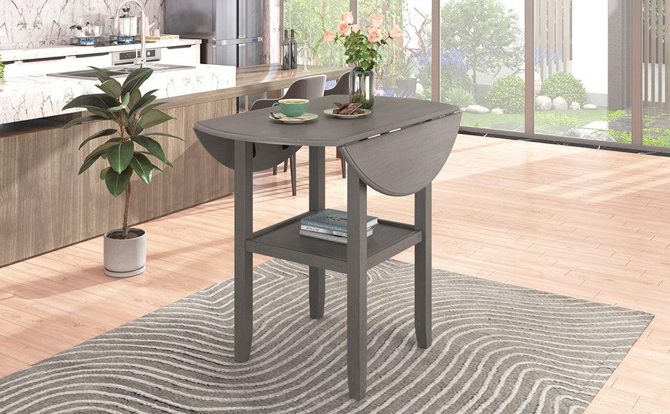 Farmhouse 3 Piece Round Counter Height Kitchen Dining Table Set with Drop Leaf Table, One Shelf and 2 Cross Back Padded Chairs for Small Places, Gray