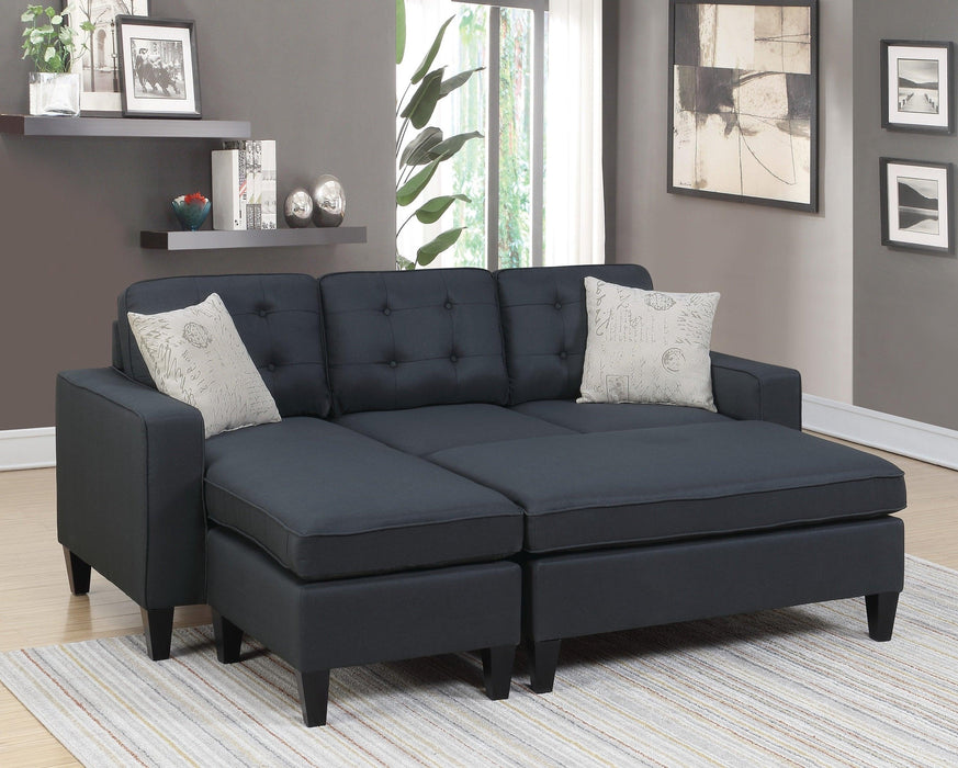 Reversible 3pc Sectional Sofa Set Black Tufted Polyfiber Wood Legs Chaise Sofa Ottoman Pillows Cushion Couch