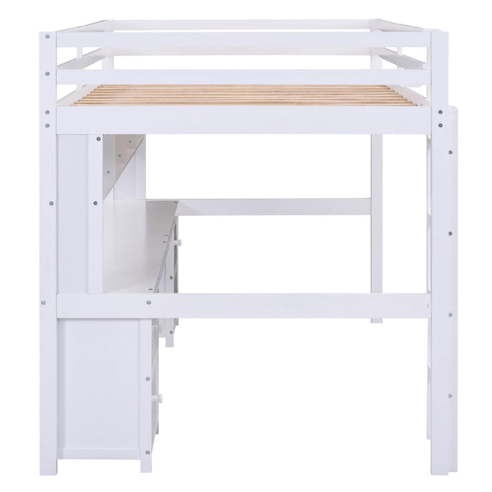 Full Size Loft Bed with Desk, Cabinets, Drawers and Bedside Tray, Charging Station, White