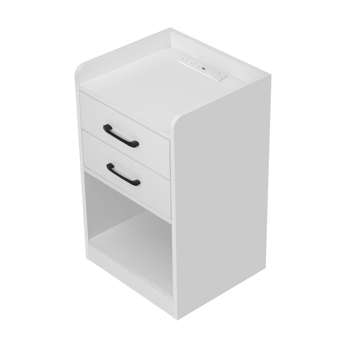Nightstand with 2 Drawers and Cabinet,USB Charging Ports,Wireless Charging and Remote Control LED Light-White