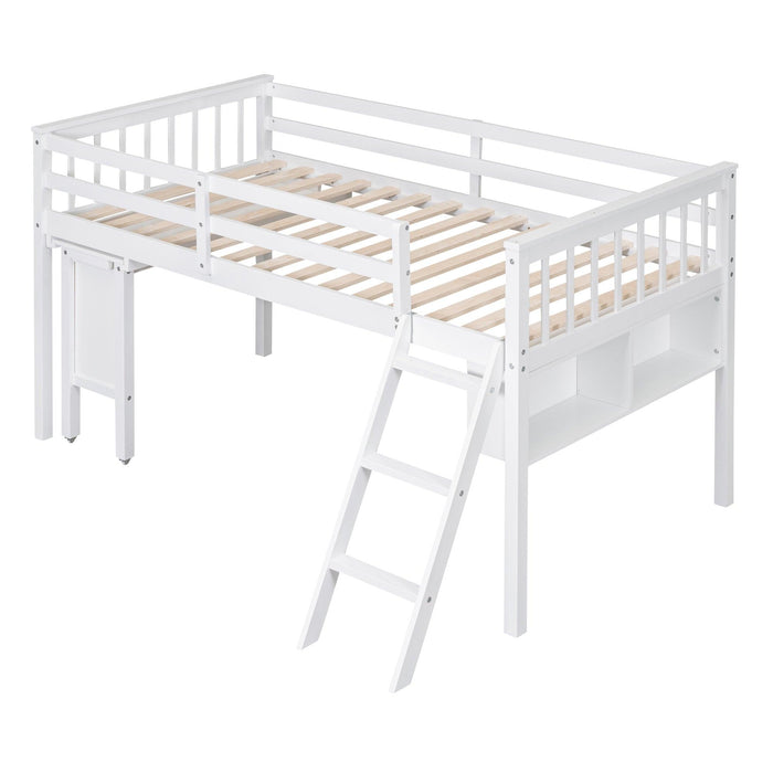 Twin Size Loft Bed With Removable Desk and Cabinet, White