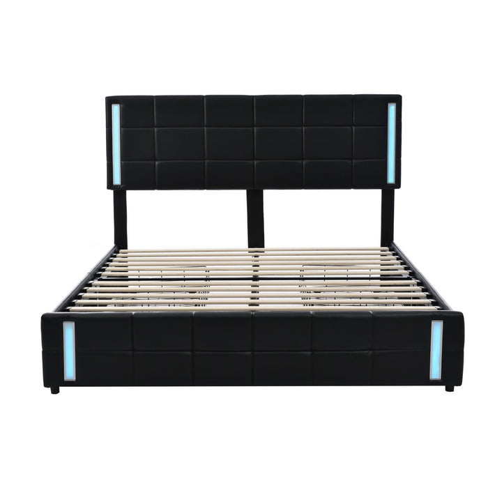 Queen Size Upholstered Platform Bed with LED Lights and USB Charging,Storage Bed with 4 Drawers, Black