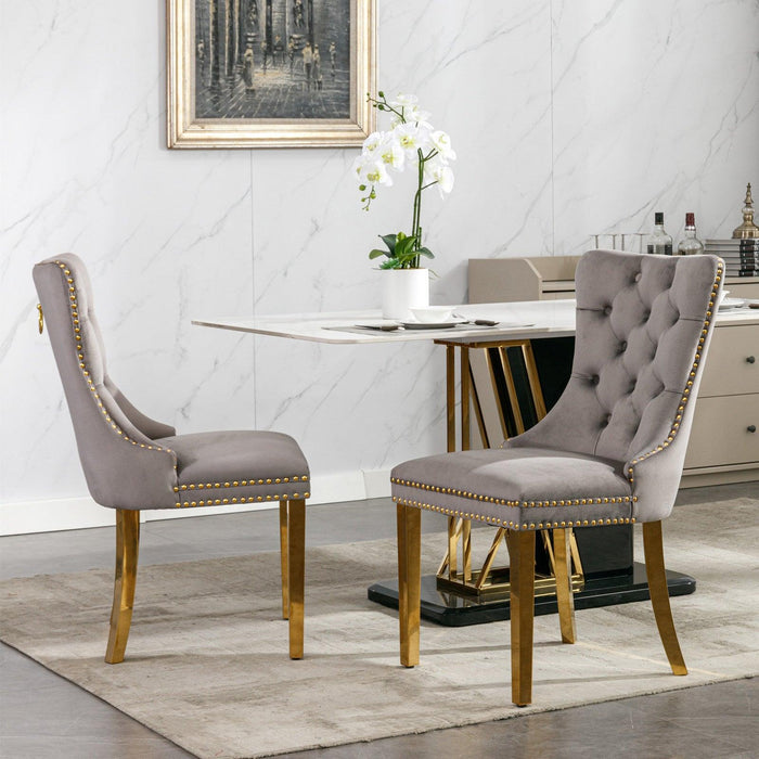 Nikki CollectionModern, High-end Tufted Solid Wood Contemporary Velvet Upholstered Dining Chair with Golden Stainless Steel Plating Legs,Nailhead Trim,Set of 2,Gray and Gold, SW1601GY