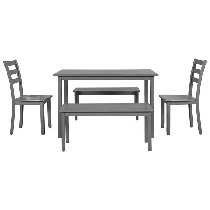 5-piece Wooden Dining Set, Kitchen Table with 2 Dining Chairs and 2 Benches, Farmhouse Rustic Style, Gray