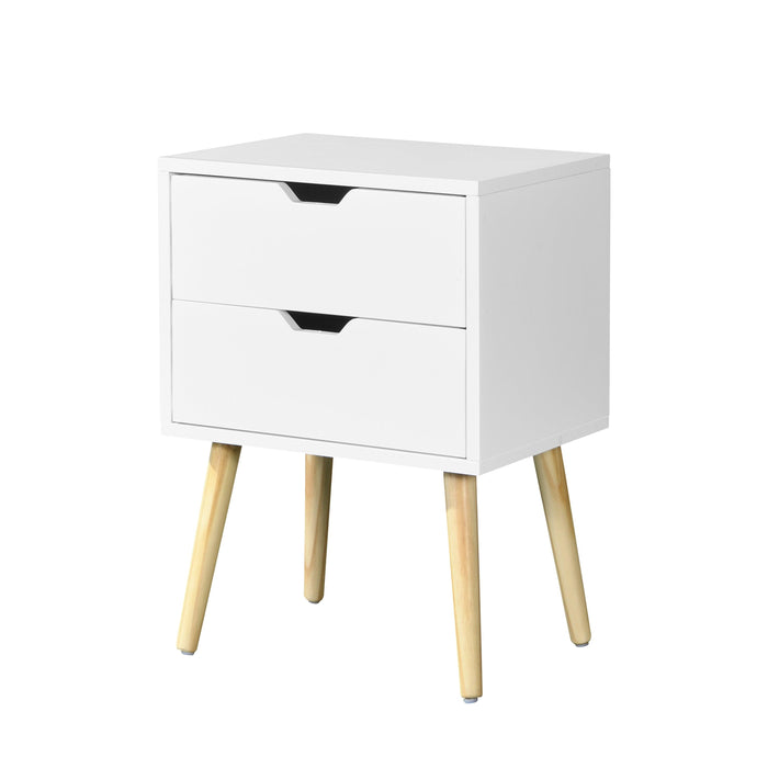 Side Table with 2 Drawer and Rubber Wood Legs, Mid-CenturyModernStorage Cabinet for Bedroom Living Room Furniture, White