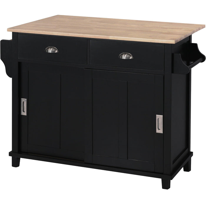 Kitchen Cart with Rubber wood Drop-Leaf Countertop, Concealed sliding barn door adjustable height,Kitchen Island on 4 Wheels withStorage Cabinet and 2 Drawers,L52.2xW30.5xH36.6 inch, Black