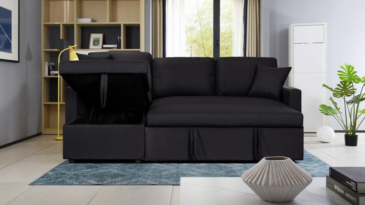 Paisley Black Linen Fabric Reversible Sleeper Sectional Sofa withStorage Chaise
