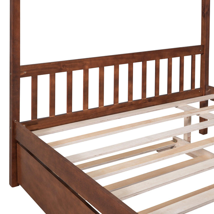 Full Size Wooden House Bed with Twin Size Trundle, Walnut
