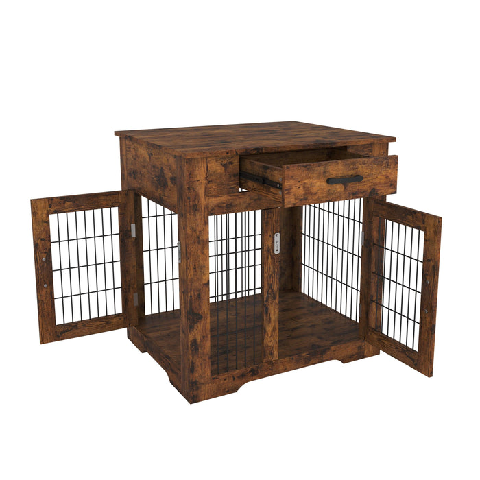 Furniture Style Dog Crate End Table with Drawer, Pet Kennels with Double Doors , Dog House Indoor Use, （Rustic Brown，29.92”w x 24.80”d x 30.71”h）