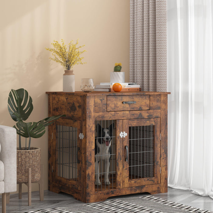 Furniture Style Dog Crate End Table with Drawer, Pet Kennels with Double Doors , Dog House Indoor Use, （Rustic Brown，29.92”w x 24.80”d x 30.71”h）