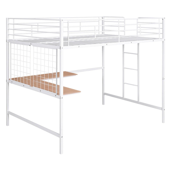 Full Metal Loft Bed with Desk and Metal Grid, White