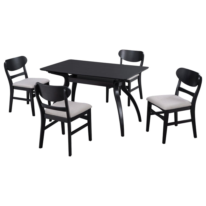 Elegant Rubber Wood Frame Dining Table Set with Special-shape LegsStorage Space MDF Board Tabletop Soft Cushion Chairs (Espresso)