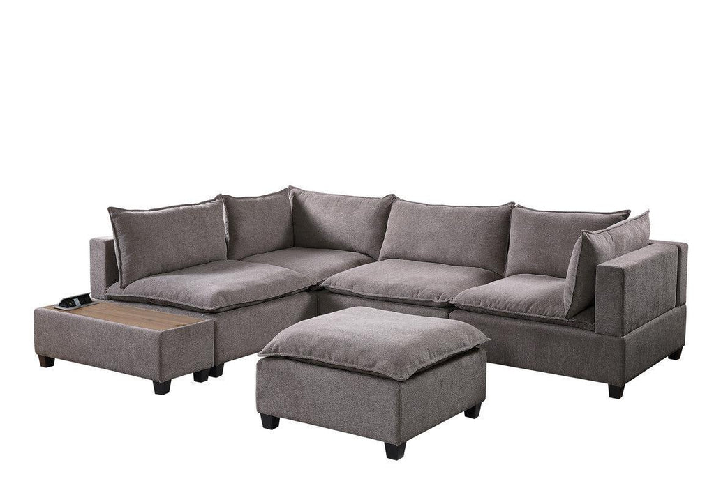 Madison Light Gray Fabric 6 Piece Modular Sectional Sofa with Ottoman and USBStorage Console Table