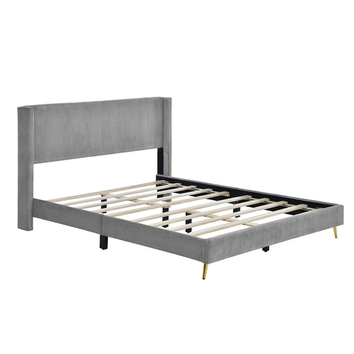 Queen Size Corduroy Platform Bed with Metal Legs, Gray