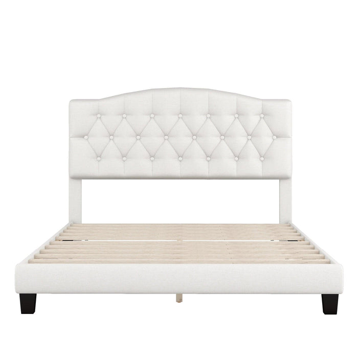 Upholstered Platform Bed with Saddle Curved Headboard and Diamond Tufted Details, Queen, Beige