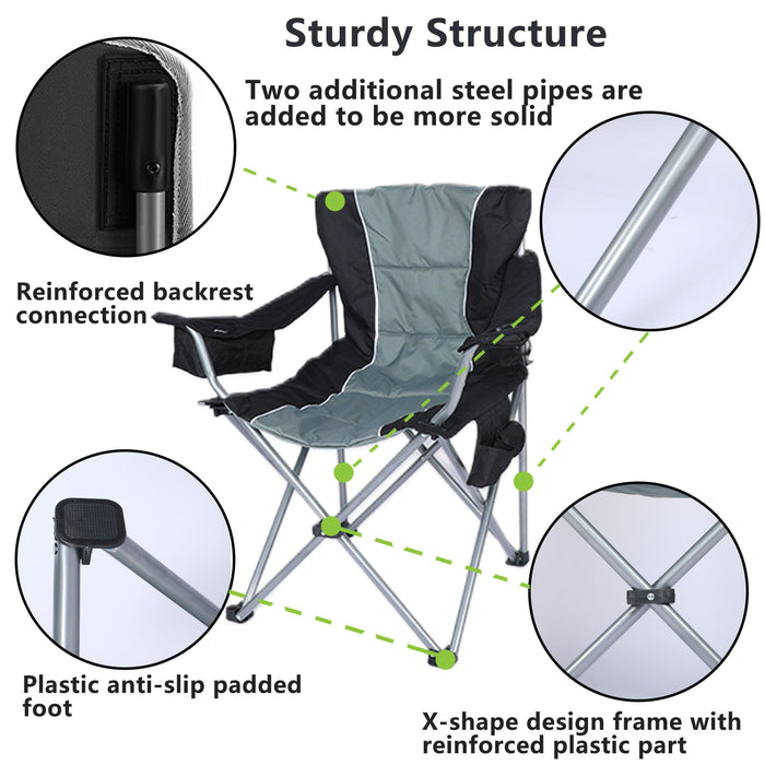 Oversized Camping Folding Chair with Cup Holder, Side Cooler Bag, Heavy Duty Steel Frame Fully P Added Quad Armchair for Outdoors, 1-Pack, Grey