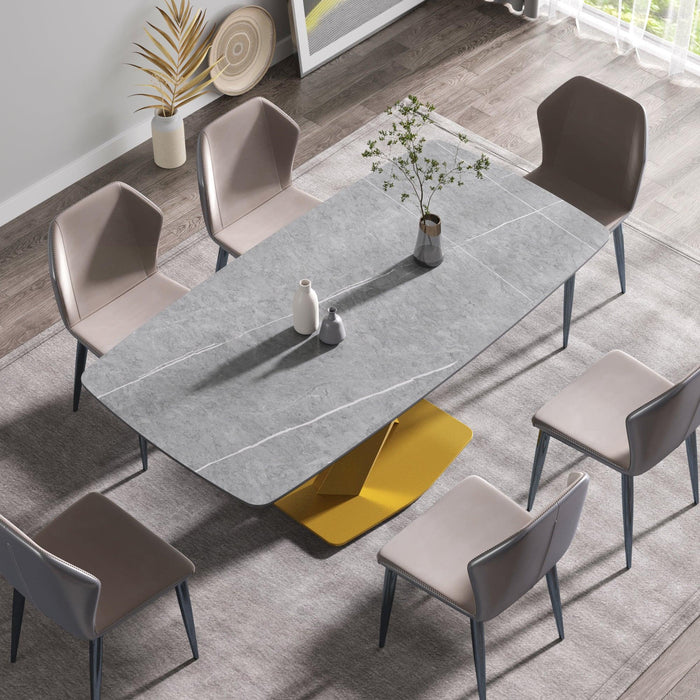 70.87"Modern artificial stone gray curved golden metal leg dining table-can accommodate 6-8 people