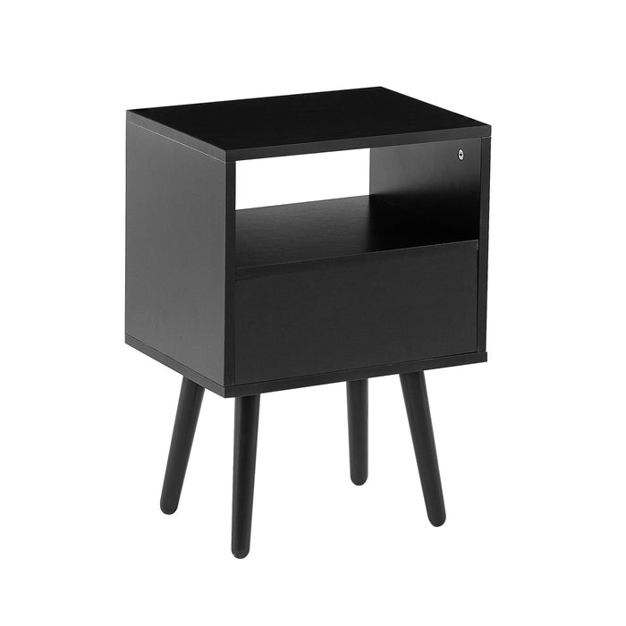 15.75" Rattan End table with  drawer and solid wood legs,Modern nightstand, side table for living roon, bedroom, black