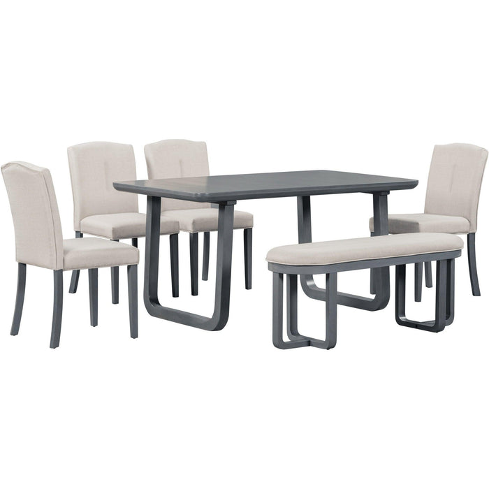 6-Piece Retro-Style Dining Set Includes Dining Table, 4 Upholstered Chairs & Bench with Foam-covered Seat Backs&Cushions for Dining Room (Gray+Beige)