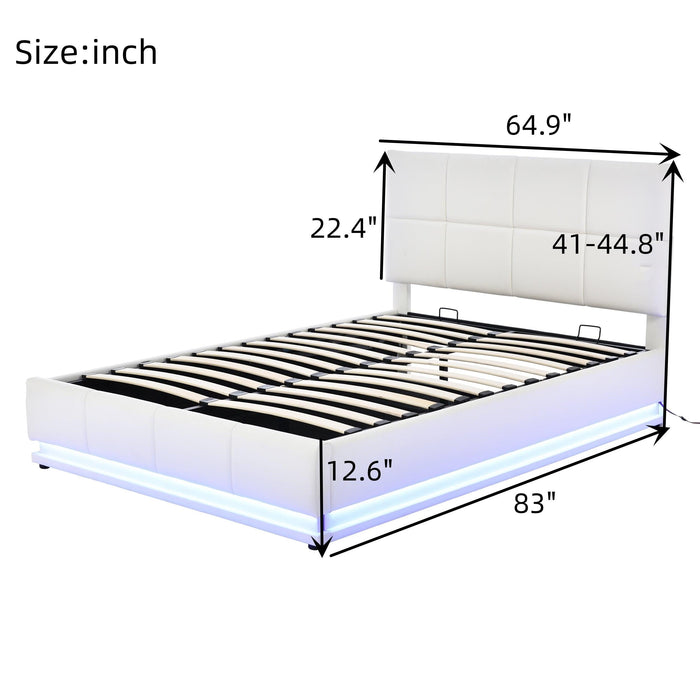 Tufted Upholstered Platform Bed with HydraulicStorage System,Queen Size PUStorage Bed with LED Lights and USB charger, White