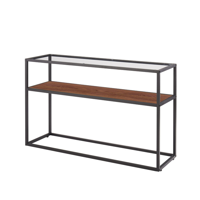 48.03" Glass Console Sofa Table,Modern Open Hallway Table, Narrow Entryway Table,  2 Shelves Couch Side Table with Adjustable Feet,Black Metal Reversable Walnut and Cement ash