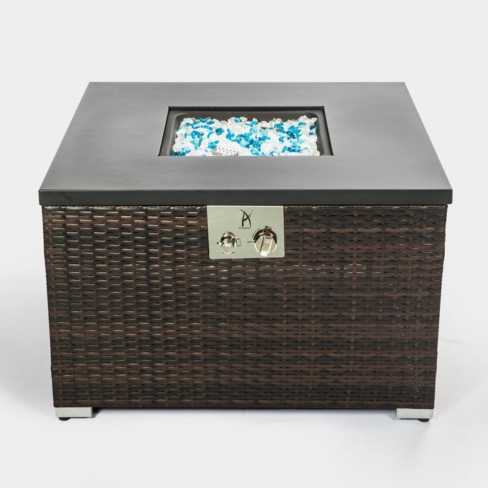 Outdoor Gas Fire Pit  Square Dark Brown Wicker Fire Pit Table Propane Fire Table with Glass Rocks